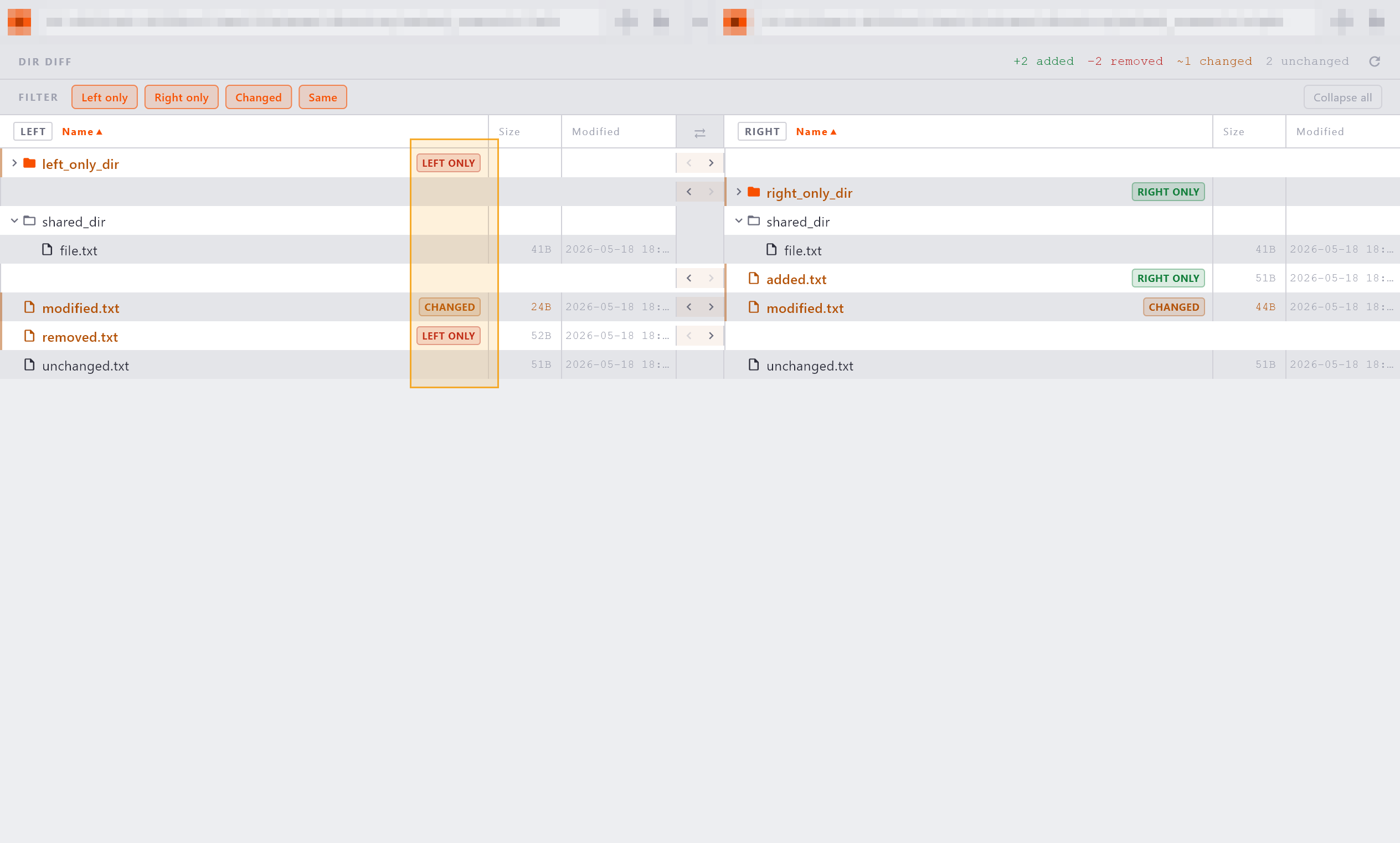 Directory comparison showing Changed and Added status badges