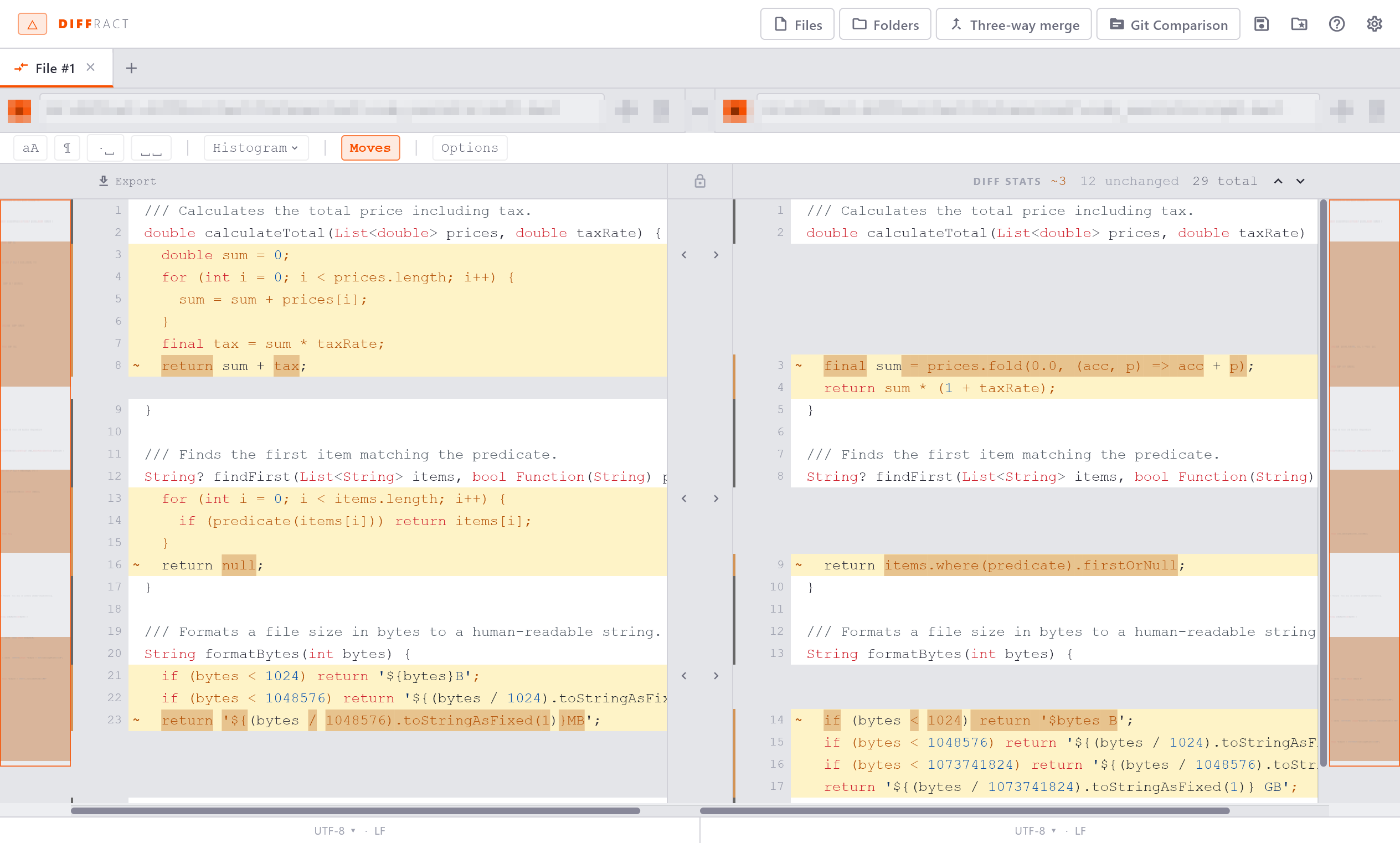 File comparison with amber-highlighted changed lines