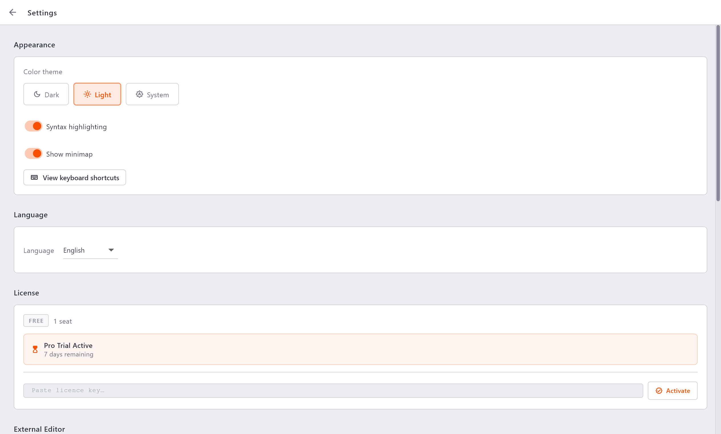Settings appearance panel in light theme