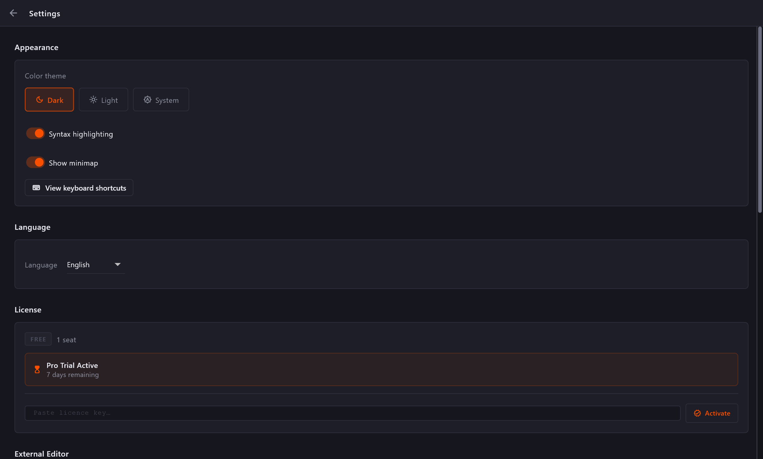 Settings appearance panel in dark theme